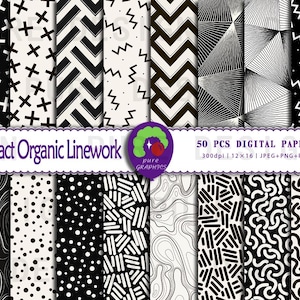 Puede incluir: Una colección de 50 papeles digitales con diversos patrones abstractos en blanco y negro. Los diseños incluyen formas geométricas, líneas y texturas orgánicas. La imagen incluye el texto "Abstract Organic Linework" y "50 PCS DIGITAL PAPERS 300dpi | 30.48x40.64cm | JPEG+PNG+PDF".