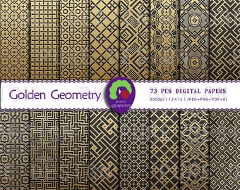 B_S_0252 | 73 Designs Golden Geometry Seamless Pattern | Digital Paper Luxury Patterns | Gold and Black | Scrapbook Paper | DIY Craft Paper