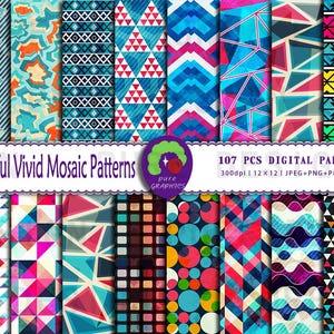 Könnte beinhalten: Eine Sammlung farbenfroher digitaler Papiere mit geometrischen und Mosaikmustern. Das Bild zeigt verschiedene Designs mit Dreiecken, Kreisen und abstrakten Formen in leuchtenden Farben. Der Text auf dem Bild lautet "Colorful Vivid Mosaic Patterns" und "107 PCS DIGITAL PAPERS".