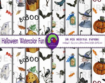 B_S_0059 / 10 disegni divertenti Halloween acquerello carta digitale senza soluzione di continuità / Fantasmi, zucche, pipistrelli e streghe / Carta artigianale carina per Halloween