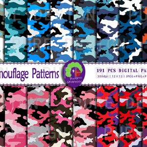 Puede incluir: Un conjunto de 191 patrones digitales de camuflaje en varios colores, incluidos azul, verde, rosa, rojo y negro. Los patrones son de 12x12 pulgadas y 300 dpi. El texto "Camouflage Patterns" y "191 PCS DIGITAL PAPERS" se muestra en la imagen.