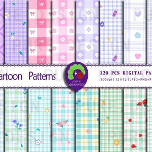 May include: A set of 120 digital papers featuring various cartoon patterns. The patterns include gingham, plaid, and floral designs in pastel colors like pink, blue, and green. The papers are 12x12 inches and 300 dpi.