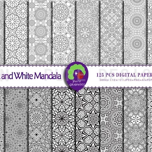 Op de afbeelding: Een set van 125 digitale papieren met zwart-wit mandala-ontwerpen. De papieren zijn 30,48 cm x 30,48 cm en 300 dpi. Ze zijn beschikbaar in JPEG, PNG, AI en PDF-formaten.