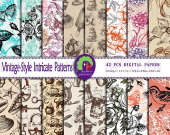 May include: A set of 42 digital papers featuring vintage-style intricate patterns. The patterns include flowers, butterflies, keys, locks, beer mugs, and other designs. The papers are 300 dpi and 12x12 inches.