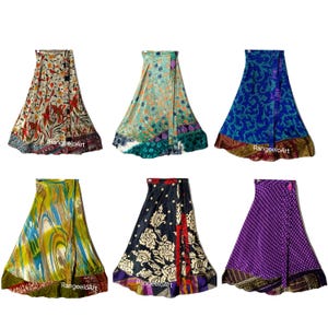 Falda tipo sari de seda vintage al por mayor, estilo hippie, pareo bohemio, falda de playa de doble capa multicolor / 48" de cintura, 36" de largo / Surtido