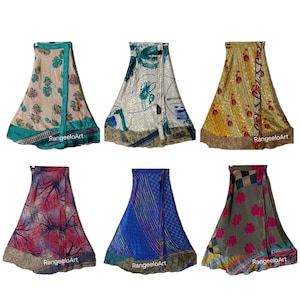 May include: A collection of six wrap skirts in various colors and patterns. The skirts feature floral, abstract, and geometric designs in shades of pink, blue, yellow, and green. Each skirt has a unique border and the text "RangeeloArt".