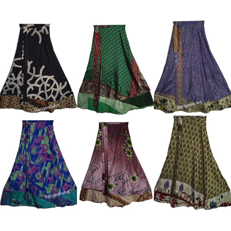 ON SALE Vintage Silk Sari wrap skirt Hippie Sarong Bohemian Beach skirt Double Layer Multicolor | 48" waist 36" Long | Assorted image 6