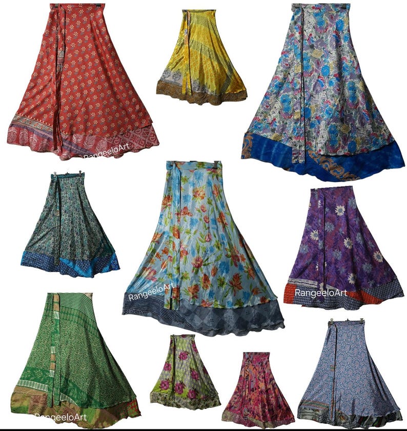 May include: A collection of colorful, long wrap skirts. The skirts feature various patterns, including floral, geometric, and paisley designs. Colors include red, yellow, blue, green, and purple. The skirts are made of a lightweight fabric.
