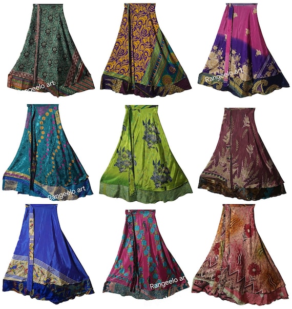 ON SALE Vintage Silk Sari wrap skirt Hippie Sarong Bohemian Beach skirt Double Layer Multicolor | 48" waist 36" Long | Assorted