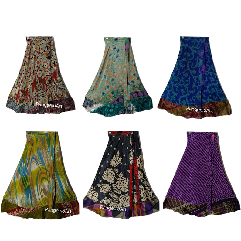 May include: Six colorful wrap skirts with unique patterns are displayed. The skirts feature a variety of designs, including floral, abstract, and geometric patterns. The color palette includes shades of blue, green, purple, and red. The skirts are made of a lightweight fabric.