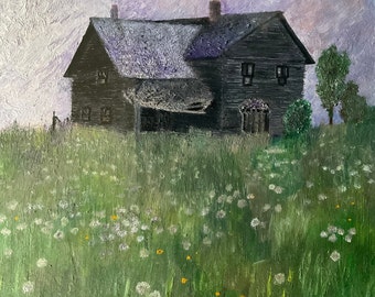 Original Old farmhouse in a field of WildFlowers Oil Painting