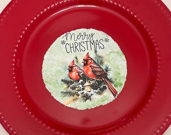 Christmas Holiday Plates with Santa, Cardinal, or Gnomes: Red Serving Platter, Merry Christmas Design