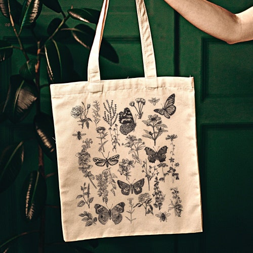 Whimsigoth Aesthetic Cute Butterfly Nature Cottagecore Canvas Tote Bag Reusable Trendy Farmers Market Bag