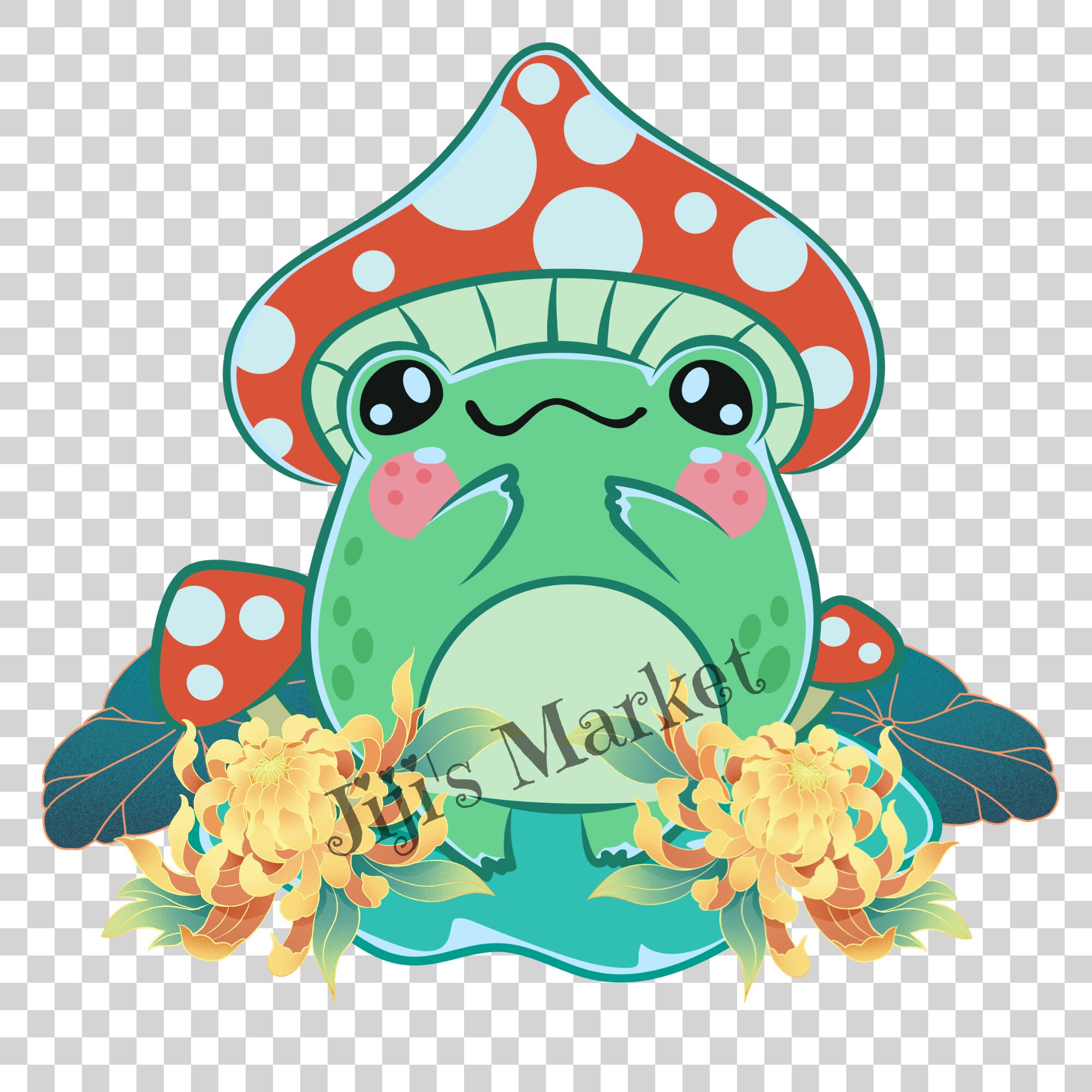 Watercolor Vintage Cute Floral Frog on a Mushroom PNG Clipa