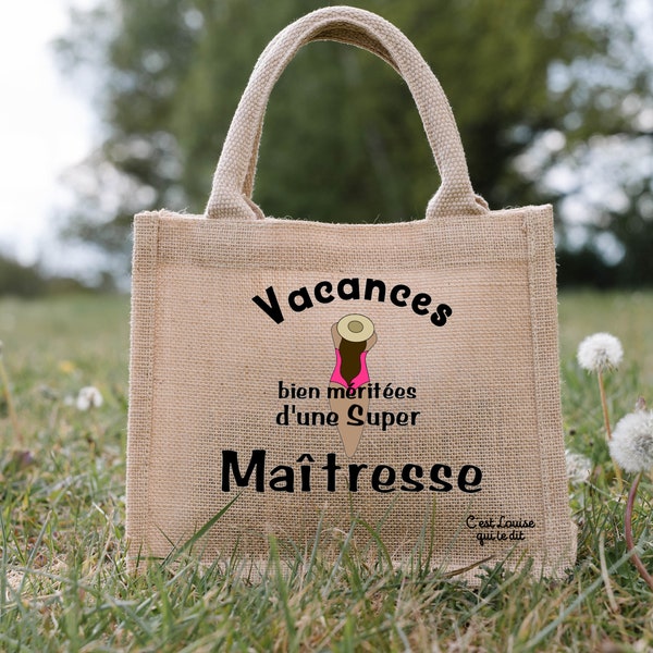 Sac Courses écologique Sac Cabas Plage Maitresse - Coton Et Jute écologique Idée Cadeau Beige Sac De Plage