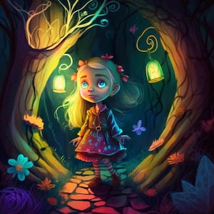 Peut inclure: Une jeune fille aux cheveux blonds et aux yeux bleus se tient dans une forêt sombre. Elle porte une robe colorée et une veste marron. La forêt est éclairée par des lanternes lumineuses suspendues aux arbres.