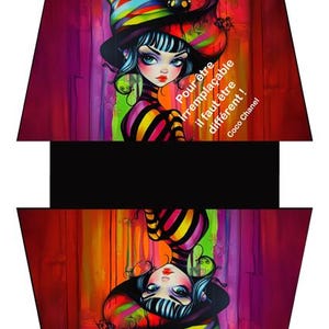 Op de afbeelding: Een kleurrijke illustratie van een heks met een regenbooghoed en een gestreept shirt. De achtergrond is een rode en roze houten muur. De tekst luidt "Pour être irremplaçable il faut être différent! Coco Chanel"