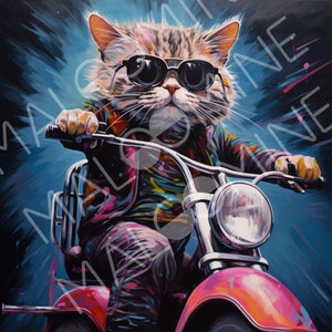 Peut inclure: Un chat portant des lunettes de soleil et une veste en cuir conduit une moto rose. Le chat a une expression sérieuse et regarde droit devant. L'arrière-plan est un dégradé bleu et violet avec des stries de rose et de blanc.