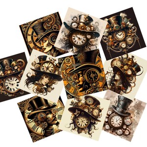 Peut inclure: Neuf impressions d'art numérique mettant en scène des images d'inspiration steampunk. Chaque impression représente une femme portant un chapeau haut de forme avec des motifs d'horlogerie et des engrenages complexes. Les impressions sont dans des tons dorés, bruns et noirs.