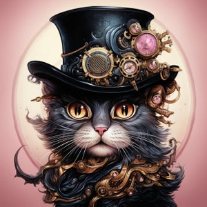 Peut inclure: Un chat gris portant un haut-de-forme noir avec des ornements complexes de style steampunk en or et en argent. Le chapeau est orné de divers engrenages, rouages et détails d'horlogerie.