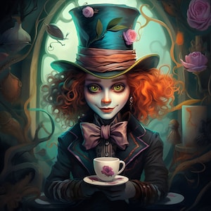Op de afbeelding: Een fantasievolle illustratie van de Hoedenmaker uit Alice in Wonderland. Hij draagt een hoge, blauwe hoed met een rood-witte strik en een groen blad. Hij heeft rood haar en groene ogen en houdt een theekopje vast met een roze bloem.