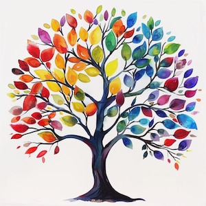 Peut inclure: Peinture à l'aquarelle d'un arbre avec un tronc et des branches bleu foncé. Les feuilles sont un mélange vibrant de couleurs, dont le rouge, l'orange, le jaune, le vert, le bleu et le violet, sur fond blanc. L'œuvre a un style fantaisiste et artistique.