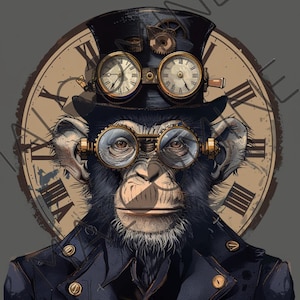 Peut inclure: Un chimpanzé de style steampunk portant un haut-de-forme, des lunettes et une veste en cuir. Le chimpanzé est devant un cadran d'horloge avec des chiffres romains.