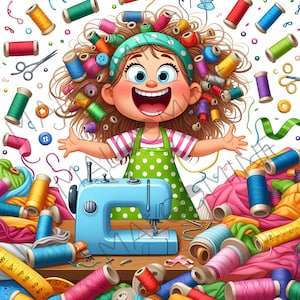 Peut inclure: Une illustration colorée d'une fille avec une machine à coudre et une variété de bobines de fil colorées. La fille porte une robe à pois verts et blancs et a un grand sourire.