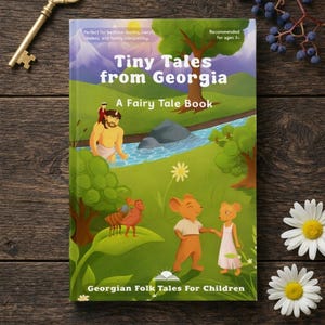 Puede incluir: Un libro infantil titulado "Tiny Tales from Georgia" con una colorida ilustración de una escena de cuento de hadas. La portada presenta personajes de dibujos animados y el texto "Georgian Folk Tales For Children". El libro está sobre una superficie de madera con una llave dorada y flores.