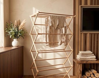 Big Wooden towel drying rack, 36”(92 cm) width, wood clothes drying rack, clothes drying place, clothes ladder, laundry room towel rack