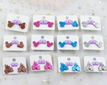 Disney Earrings, Glitter Acrylic Disney Stud Earrings,  Disney Earrings, Mickey and Minnie, Princess Castle Stud Earrings, Disney Jewelry