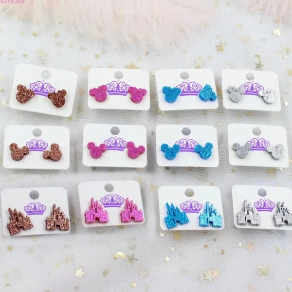 Disney Earrings, Glitter Acrylic Disney Stud Earrings,  Disney Earrings, Mickey and Minnie, Princess Castle Stud Earrings, Disney Jewelry