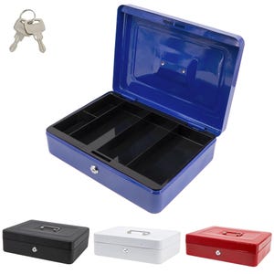 May include: Blue metal cash box with a key lock and four compartments inside. The box is open and the compartments are visible. The box is also available in black, white, and red.