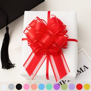 May include: A white gift box is decorated with a large, bright red bow. The bow is made of sheer ribbon, creating a layered effect. A black graduation cap with a tassel is visible in the upper left corner. A colour palette of pastel colours is at the bottom.