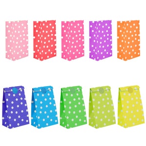 May include: Ten colourful paper gift bags with white polka dots. The bags are in various colours, including pink, red, purple, orange, blue, green, and yellow.