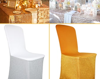 Glitter Spandex Chair Covers Silver Gold Dining Slip Cover Flat Front Wedding UK 