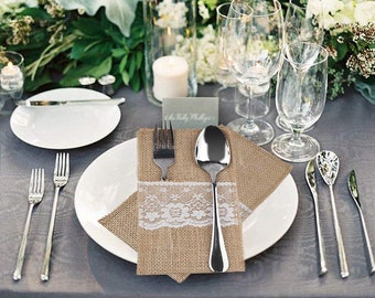 10 - 100pcs Hessian Jute Lace Cutlery Holder Fork Knife Pocket Wedding Table Decor