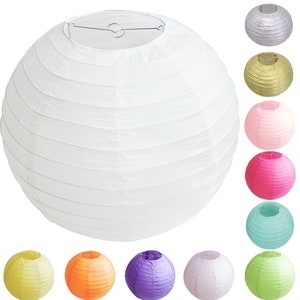 May include: A set of ten round paper lanterns in various colours, including white, silver, gold, pink, fuchsia, light blue, green, yellow, orange, and purple. The lanterns are made of thin, crinkled paper and have a wire frame at the top for hanging.