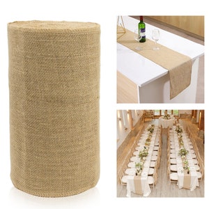May include: A roll of natural hessian fabric, ideal for crafting, decorating, or adding a rustic touch to your home decor. The fabric is shown in a close-up and as table runners at a wedding reception.