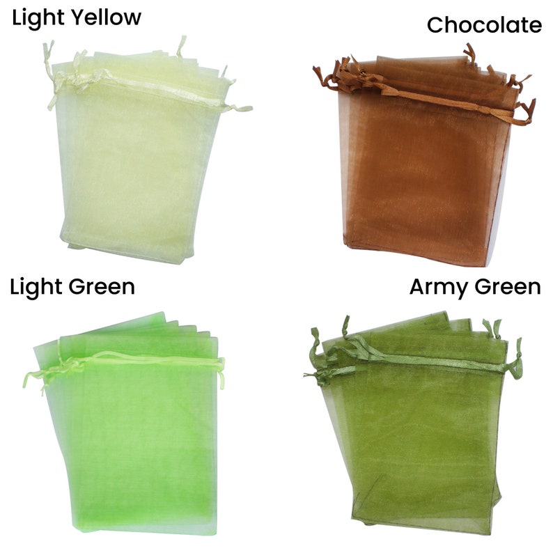 May include: Four stacks of organza bags in different colors: light yellow, chocolate brown, light green, and army green. The bags are made of sheer fabric and have a drawstring closure.