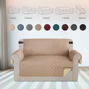 May include: Beige quilted sofa protector with a diamond pattern. The protector has straps to secure it to the sofa. The image shows a variety of sofa sizes and colours, including a 1-seater, 2-seater, 3-seater, 4-seater, and recliner.