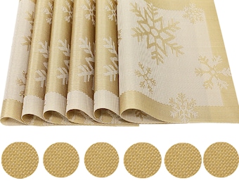 Set of 6pcs PVC Placemats+ 6pcs Coasters Snowflakes Washable Heat Insulation Dining Table Place Mats Decor