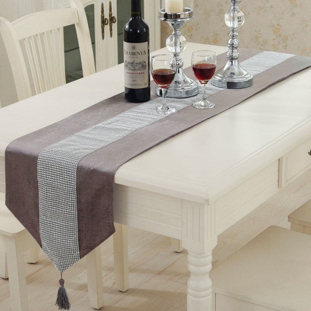 31x183cm Diamante Crushed Velvet Table Runner Silver Tasseled Edges