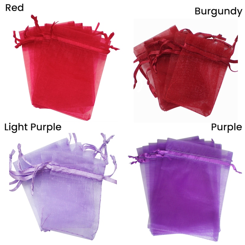 May include: Four stacks of small, sheer organza bags in four colors: red, burgundy, light purple, and purple. The bags have a drawstring closure.