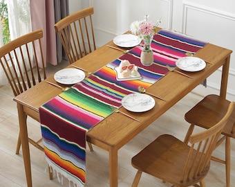 14x84'' Mexican Serape Table Runner for Wedding Outdoor Picnics Dining Table Hand Woven Cotton Table Runner with Fringe