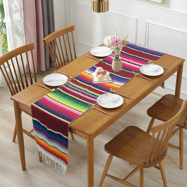 14x84'' Mexican Serape Table Runner for Wedding Outdoor Picnics Dining Table Hand Woven Cotton Table Runner with Fringe