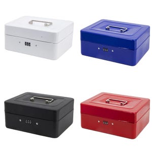 May include: Four metal cash boxes with combination locks. The boxes are white, blue, black, and red.