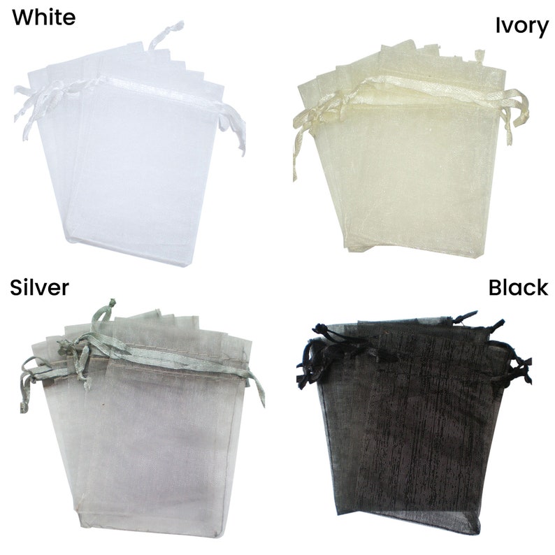 May include: Four sets of organza gift bags in four colors: white, ivory, silver, and black. Each set contains five bags.