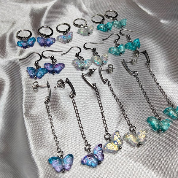 Collection Butterfly, style Y2k/aesthetic, Boucle d'oreille papillon, courte et longue, 3 couleurs, perles en verre, Acier inoxydable,