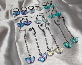 Schmetterlingskollektion, Y2k/ästhetischer Stil, Schmetterlingsohrring, kurz und lang, 3 Farben, Glasperlen, Edelstahl,